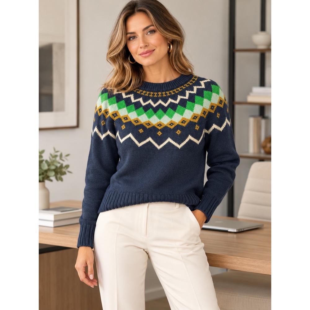 J.Crew Navy Fair Isle Metallic Gold Sparkle Wool Blend Sweater Womens Small